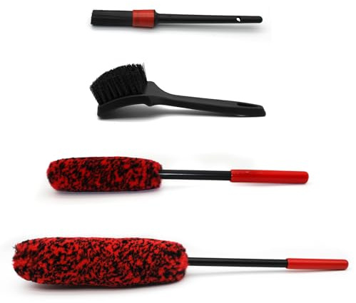 XWADJCD Wheel Brush Kit for Cleaning Wheel and Tire, 2 Soft Bendable Wheel Woolies Cleaning Brush, Stiff Tire Brush, Detailing Brush, Flexible&Durable Wheel Rim Cleaner Brush Set (Red)