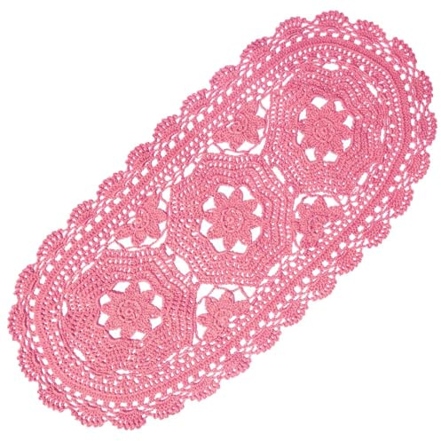 BOMHCS Centrino ovale in pizzo, larghezza da 22,9 cm a 27,9 cm, lunghezza da 55,9 cm a 58,4 cm, fatto a mano all'uncinetto, runner da tavola con fiori, tovagliette da cucina (rosa, 1)