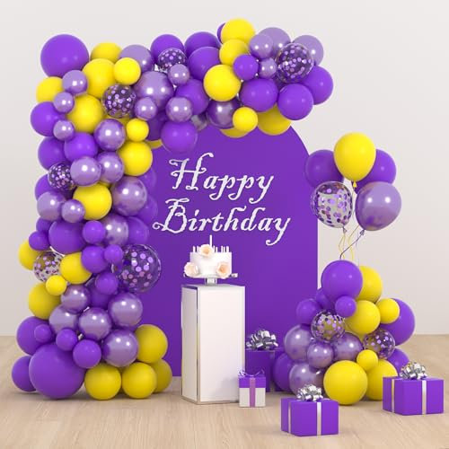 122pcs Purple Yellow Balloon Garland Arch Kit - Yellow and Lavender Metallic Purple Confetti Balloons Balloons for Birthday Wedding Anniversary Basketball Graduation 2025 New Year Decorations