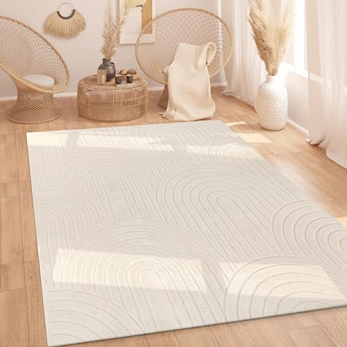 Paco Home Teppich Wohnzimmer Schlafzimmer Hochflor Weich Uni Skandinavisch Boho Motiv 3D Optik Regenbogen Waschbar Creme, Grösse:120x160 cm