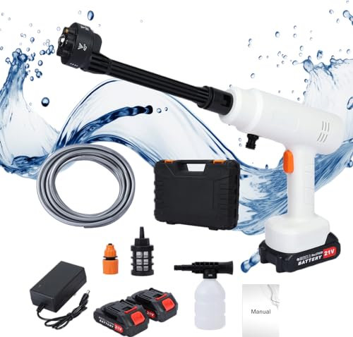 Cordless Pressure Washer Gun, Jet Washers/Pressure Washers 21v max 40 Bar with 6-in-1 and Adjustable Nozzle 2 Batteries, Jet Wash for Fence, Car, Floor Watering, Vegetables (White)