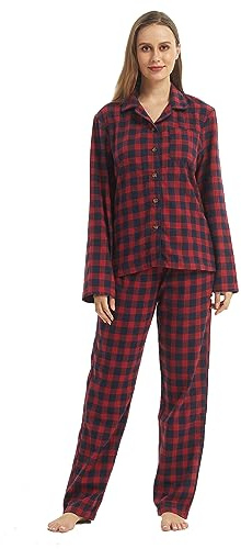 YUSHOW Pigiama da donna lungo, in due pezzi, in cotone, flanella invernale, motivo a quadretti, pigiama da donna con top lungo, pigiama invernale in cotone, accogliente, set da lounge per le donne di