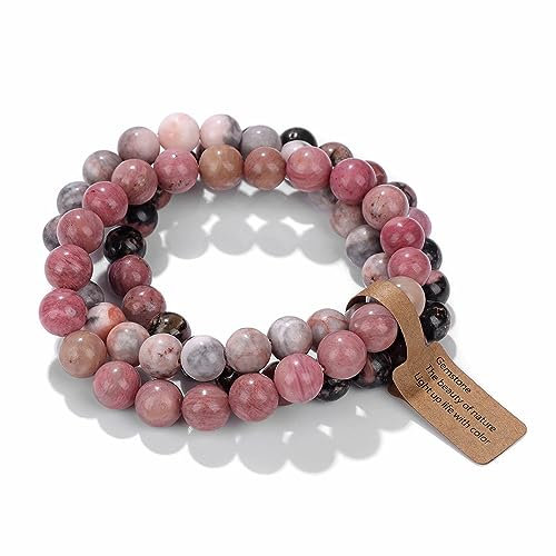Boho Armbänder,Mehrschichtiges Perlenarmband 3 Stück/Set 8 Mm Natürliches Türkisfarbenes Steinarmband Rosa Rhodochrosit Steinperlen Yoga Charm Armreif für Frauen Männer Mädchen Teenager