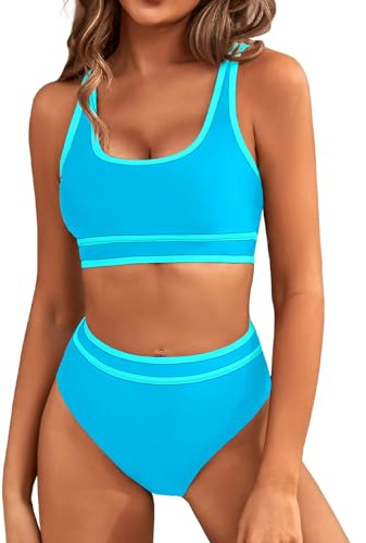 Genfien Bikiniset för kvinnor bikini toppar hög midja botten magkontroll baddräkter utskurna damer baddräkt kostymer vadderade strandkläder, BLÅ, XS