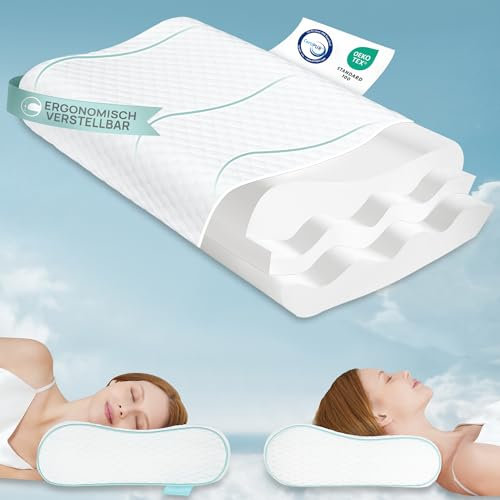 Releep Höhenverstellbares Orthopädisches Memory Foam KopfKissen — Ergonomisch — Gegen Nackenschmerzen Kopfkissen, für Seitenschläfer, Rücken- und Bauchschlafer
