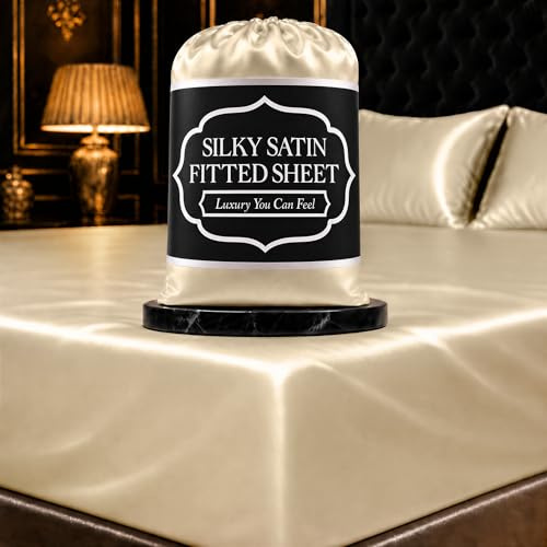 DECOLURE Satin Fitted Sheet King Size (1 PC) – Luxuriously Smooth & Softer Than Silk Bed Sheets w/ 15 Inch Deep Pocket Hypoallergenic Wrinkle Free, Secure Snug Fit, Elastic Corner Straps (Ivory)