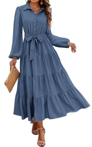 dowerme Women's Long Sleeve Dress 2026 Button Down Belted A-Line Flowy Spring Outfits Ruffle Maxi Holiday Party Dresses(Grey Blue,Medium)