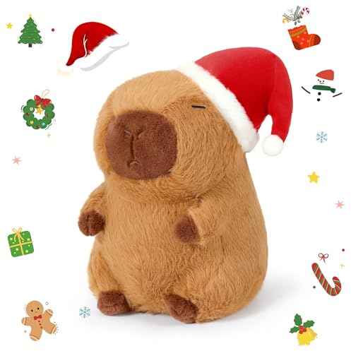 Ditucu Cute Christmas Capybara Plush with Santa Hat Soft Capibara Stuffed Animals Plushies Toys Xmas Gifts for Kids Brown 9 inch