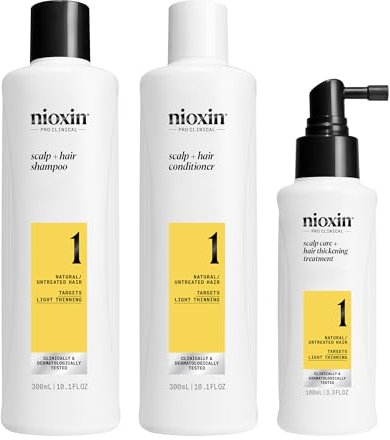 Nioxin Scalp + Hair Thickening System 1 Loyalty Kit - Hair Thickening System for Natural Hair with Light Thinning - Shampoo, Conditioner & Scalp Treatment, 300+300+100ml