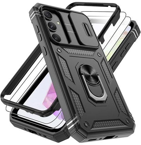 Pilaru 3 in 1 for Samsung A35 5G case | With Front Frame | [Separate] 2 Screen Protector & Kickstand Ring & Camera Cover Military Grade Drop Shockproof Protection for Galaxy A35 Phone,Black