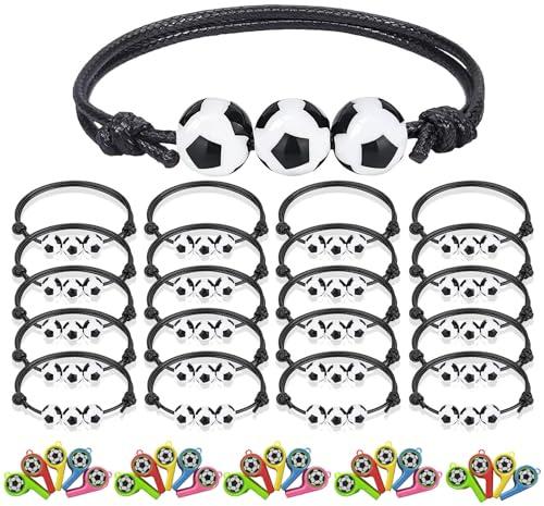 ZHITENG 20 Pezzi Braccialetto da Calcio 24 Pezzi Fischietto da Calcio, Braccialetti Bambini Regolabili, Fischietto Arbitro Vari Colori, Bracciale Bambino Fischietti per Bambini Football Festa Party