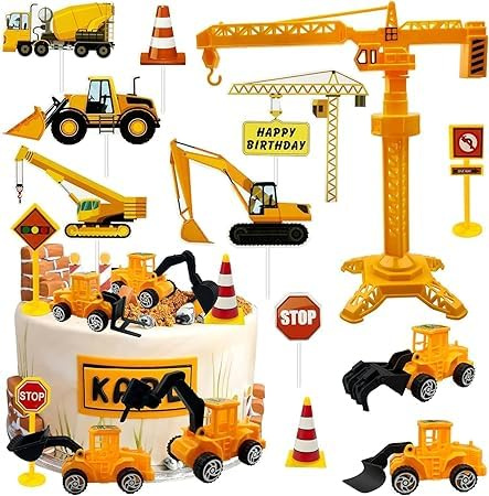 ZWLIYCHN 21 stycken grävmaskin tårtdekoration, byggplats tårta dekoration födelsedag, lastbil bulldozer cupcake-topp, vägskyltar byggplats trafik tema tårtdekoration för unga flickor