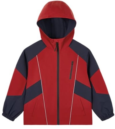 Rolanko Giacca Impermeabile per Ragazzi, Impermeabile Leggera Giacca a Vento Softshell Outerwear con Cappuccio e Cerniera, Rosso, Taglia: 160/12-13 Anni