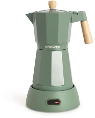 CREATE / THERA MOKA ELECTRIC/Cafetière italienne électrique vert sauge/Fonction maintien au chaud, 300 ml, capacité de 6 tasses, conserve la chaleur, base 360º, facile à nettoyer et sans BPA, 480W