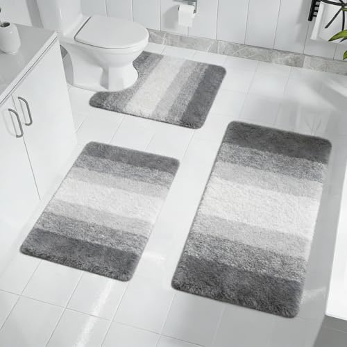 HEUIOP 3 Pcs Bath Mats for Bathroom, Non-slip Absorbent Microfibre Bathroom Rug, Square Bath Mat and U-shape Pedestal Toilet Mat Set for Bathrooms, Bedroom, Living Room Floor (Grey)