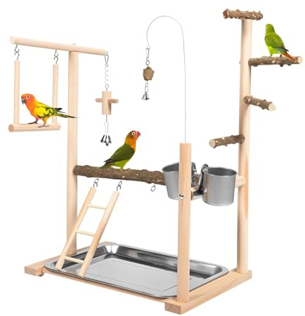 Bird Play Stand, Wooden Bird Playground Exercise Parrot Perch with Stainless Steel Feeder Cup and Tray for Parakeets Cockatiels 19.2 * 13.9 * 9.05 In