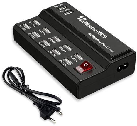 USB-laddare multifack, 60 W 12 port USB-strömförsörjning kraftfull USB-laddningsstation, USB-A laddningsstation flera enheter, svart