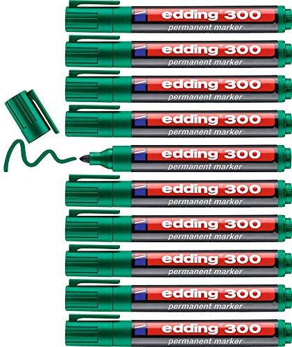 edding 300 Permanentmarker - grün - 10 Stifte - Rundspitze 1,5-3 mm - wasserfest, schnell-trocknend - wischfest - für Karton, Kunststoff, Glas, Holz, Metall, Glas