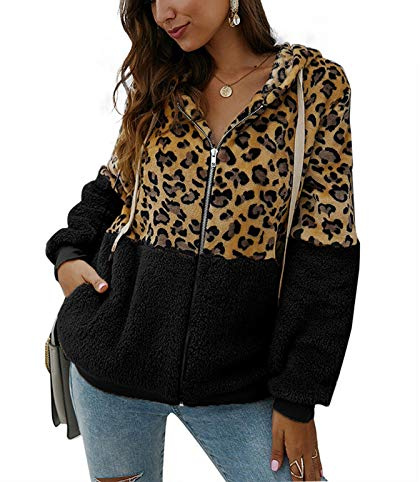 keepmore Mujer Casual Saco Mullido Cárdigan Leopardo Impreso Cremallera Cálido Sudadera con Capucha Jumpers Sweatshirt Faux Fleece Chaqueta Oversized Ropa de Calle