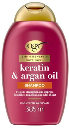 OGX 5in1 Benefits Frizz Free with Keratin & Argan Oil Shampoo, Strengthens and Improves Flexibility, Tames Frizz and Adds Shine, Sulfate Free, 385ml