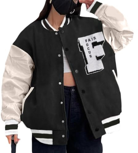 ORANDESIGNE Giacca da Baseball Donna Giacca College Casual Cappotto Primavera Autunno Gioventù Vintage Bomber Jacket Unisex Giacca Transizione Mezza Stagione A Nero S