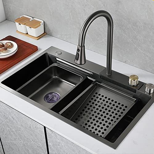 COTCLO Spülbecken Schwarz, 304 Edelstahl Küchenspüle, Einbauspüle mit Ausziehbarem Wasserhahn & Drainage Komponenten, Waschbecken Küche 68 * 46 * 22cm