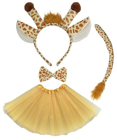 TSHAOUN Set di 4 costumi da giraffa per bambini, con copricapo, coda, papillon, tutù, cosplay di animali, per feste, attività universitarie, spettacoli, Halloween