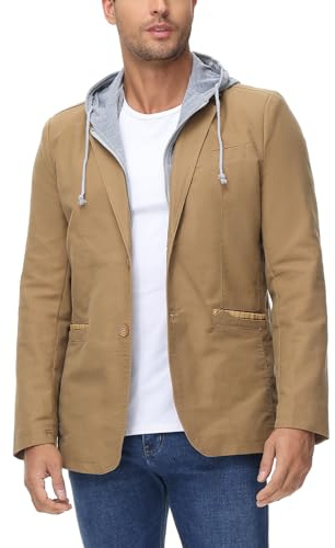 KUDORO Chaqueta tipo blazer para hombre con capucha desmontable, ajuste delgado, dos botones, esmoquin casual para hombre, blazer clásico