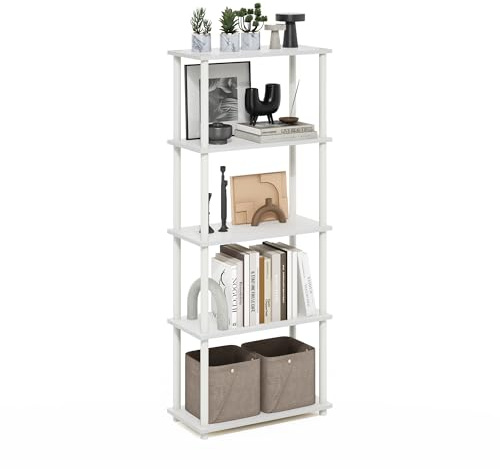 Furinno TURN-N-TUBE Storage Shelves, 5-Tier Book Shelf, Corner Shelf, Toolless Open Shelves, for Organization and Storage, Living Room, Garage, Home Office, White