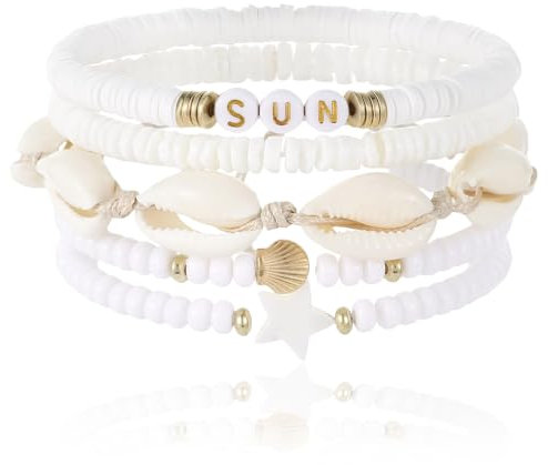 Nayyana 5-teiliges Surferarmband-Set, Bohemian-Stil, stapelbar, geschichtete Freundschaftsarmbänder, Perlenbesatz, dehnbare Muschelarmbänder, elastischer Boho-Sommer-/Strandschmuck