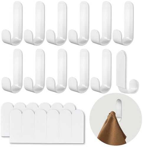 IGXX 12 Pcs J Shaped Self Adhesive Hooks, Stick on Waterproof Plastic Wall Hooks for Hanging Keys, Towels, Bathroom Kitchen Use (White)