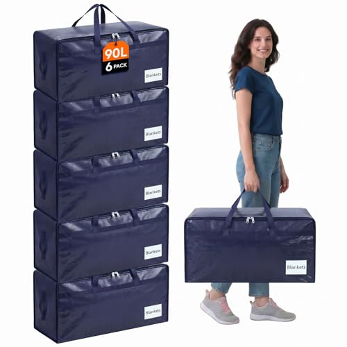Lifewit Juego de 6 Bolsas Almacenaje Ropa 90 L, Bolsas Mudanza Grandes con Asas, Cajas Mudanza Plegables para Edredones, Mantas, Ropa, Azul