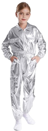 Yruioon Chándal infantil para niña, sudadera metálica + pantalones cargo brillantes, conjunto deportivo de danza callejera, jazz, ropa de calle, plata, 158-164
