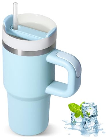ZAKVOP Taza Termo cafe para Llevar, Taza Termica 410ml con Tapa y Pajitas, Vaso Termico con Asa, Tumbler para Frío y Caliente, Travel Mug (Azul claro)