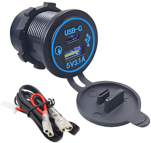 CESFONJER Caricabatteria da auto USB, presa di corrente con cavo di collegamento, 2 porte impermeabile TYPE-C + QCPD LED blu 3.1A ricarica rapida, per vari tipi di auto da 12V-24V