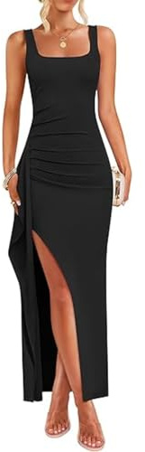 AOWVUTS Vestito Lungo Donna Sexy Abiti Senza Maniche Aderente Maxi Abito Elegante con Scollo Quadrato Vestiti con Spacco da Sera Tinta Unita Bodycon Abito da Cocktail Partito Festa Cerimonia