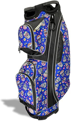 Taboo Fashions Resort Collection Ladies Golf Bag - 14-Way Women’s Golf Cart Bag with Insulated Cooler Pocket, Rain Hood, Zippered Pockets & More - Golf Accessories for Women (Blue Sugar Skulls)