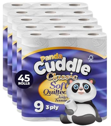 Panda Cuddle 3‑Ply Quilted Toilet Paper – Luxuriously Soft, Gentle and Hypoallergenic Sustainable Toilet Rolls- Family Value Pack of 45 Rolls, Sustainable Gentle Bulk Bathroom Tissue, Unscented