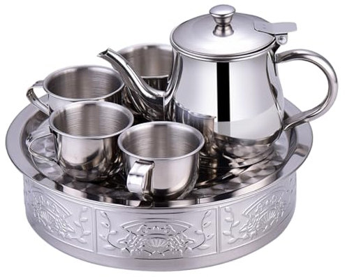 Lawnrden Small Stainless Steel Tea Set, Children's Tea Set Includes 330ml Long Spout Teapot with Filter Screen, 4Pcs 70ml Cups and Tray for Children Gifts