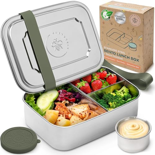 Everusely - Bento Box - Sage - 1,4 L - Fiambrera grande de acero inoxidable con recipiente para salsas hermético - Recipiente para snacks de 3 compartimentos