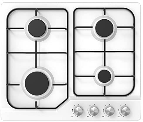 Statesman 4 Zone Gas Glass Hob, Front Dial Control, Automatic Ignition, Cast Iron Pan Support, LPG/NG Compatible, Built-in Gas Cooktop, 60 cm, White