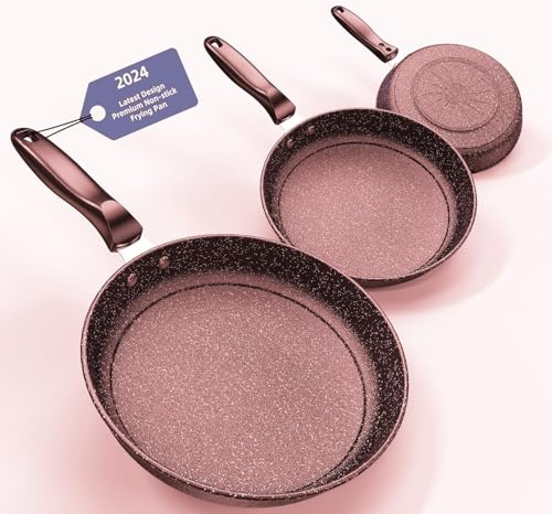 Kiseely Set di padelle antiaderenti, padella in ghisa da 26 cm + 28 cm + 30 cm, set da 3 pezzi per cucinare, padelle professionali antiaderenti con manico resistente al freddo (ET2)