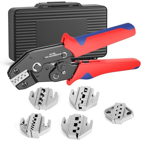 6PCS Crimping Tool Set - Amliber Ratcheting Wire Crimper for Heat Shrink/Insulated Nylon, Non-Insulated, Dupont, Open Barrel Terminals, Wire Ferrules, Solar Connectors, Case Included