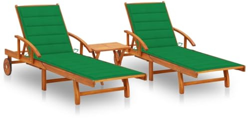 SooIarix Wooden Sun Lounger Set with Green Cushions, Solid Acacia Wood Outdoor Lounge Chairs for Patio, Garden, Poolside, Deck, Balcony