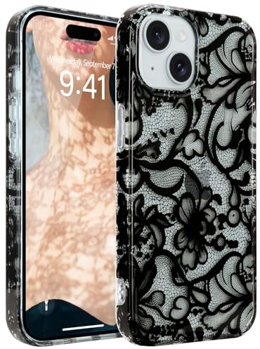 L-FADNUT för iPhone 15 fodral, mattt translusent mobilfodral med spetsblommönster, stötsäkert, reptåligt, skyddsfodral för kvinnor och flickor för iPhone 15, svart