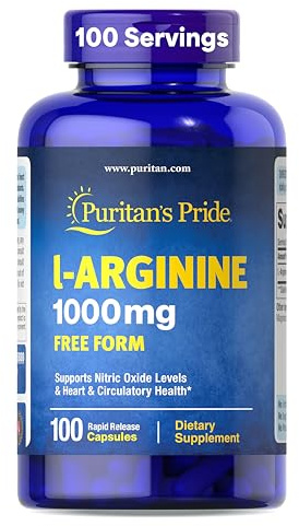 Puritan's Pride L-Arinine 1000mg, Dietary Supplement Supports Nitric Oxide Levels and Heart and Circulatory Heath, 100 Day Supply, 100 Tablets