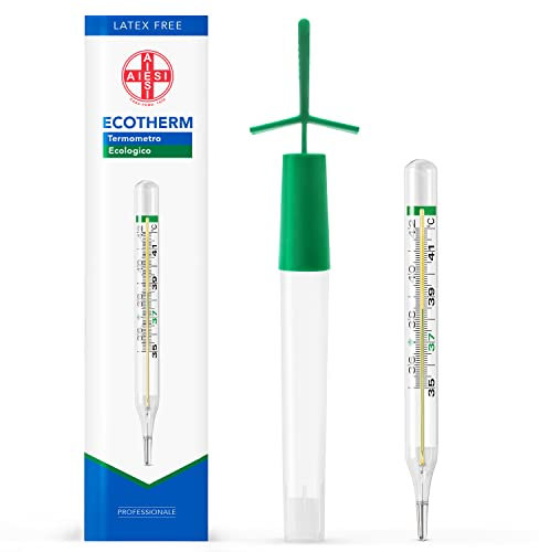 AIESI® Fieberthermometer klinischen analog glas klassisch ohne quecksilber fur erwachsene und kinder ECOTHERM, Mit koffer zum schnellen nullstellen, Okologische, 24 monate garantie