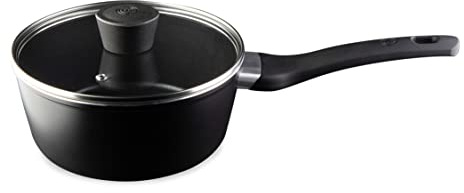 Masterchef Non Stick Saucepan for Induction Hobs 18cm Sauce Pot with Lid for all Cooking Surfaces Swiss Engineered Aluminium Pan with Scratch Resistant, Nonstick Coating, Aluminum, Black
