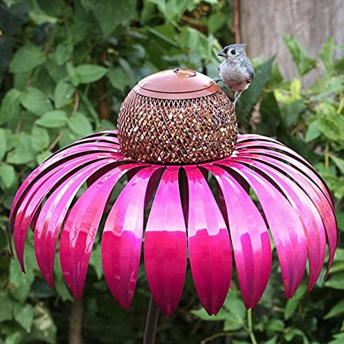 PJDDP Vogelfutterspender Vogelfutter Futterspender,Coneflower Vogelhäuschen, Vogelfutterhaus Futterstation,Rostbeständiger Gartenkunst-Metall-Vogelhäuschen Mit Ständer Für Gartendekoration,Rot