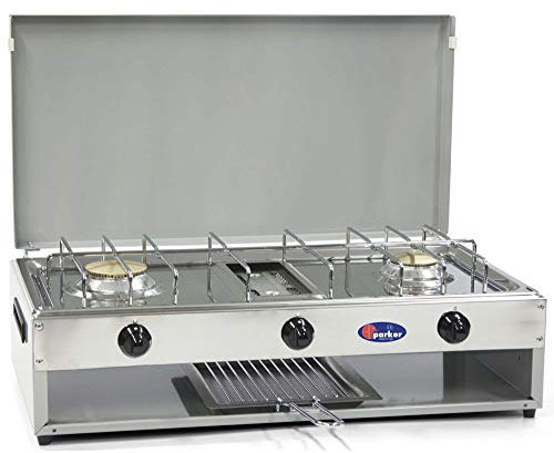 Fornello a gas Gpl 2 fuochi con grill inox con valvole di sicurezza per uso interno CFParker mod 552RSG Colore Grigio - Casa e Campeggio